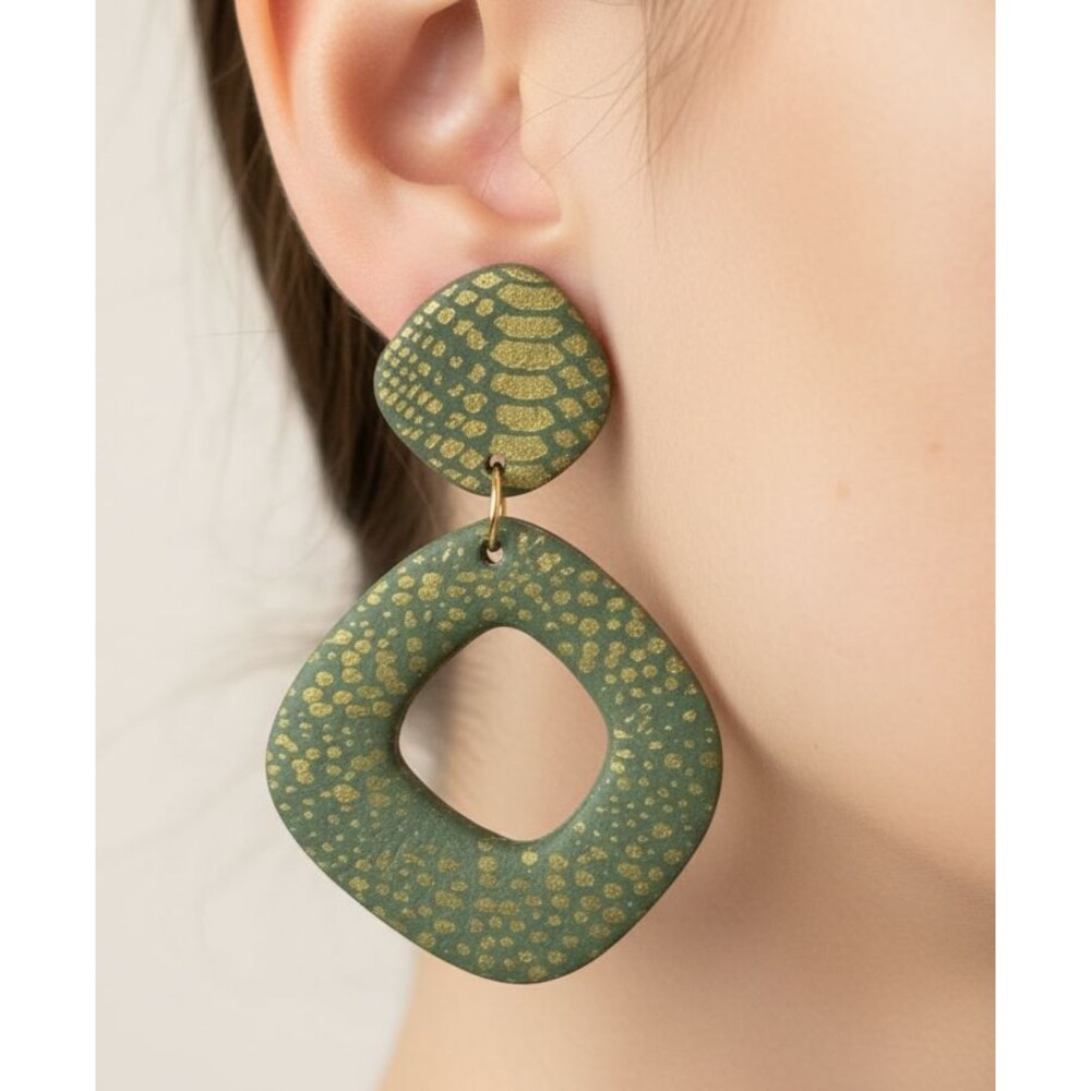 Green Gold Snake Print Polymer Clay Animal Print Dangle Statement Earrings